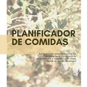 Puede incluir: Imagen promocional de un planificador de comidas, con texto en español. El diseño incluye ramas de olivo y una paleta de colores suaves. El texto dice "PLANIFICADOR DE COMIDAS" y otro texto de apoyo.