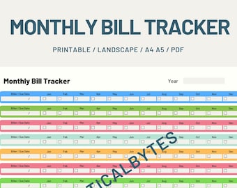 Printable Landscape Monthly Bill Tracker | Bill Pay Checklist | Bill Organizer | Budget Planner | A4 A5 Printable Bill Tracker Planner