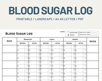 Unique and Easy Printable Landscape Blood Sugar Tracker |  Blood Sugar Log | Blood Glucose Log | Diabetes Log | Glucose Monitor