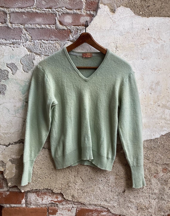 1950’s Jantzen Sea Foam Green V-Neck Wool Sweater