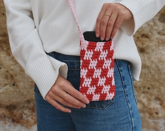 Checkered Crochet Phone Cross Body Bag