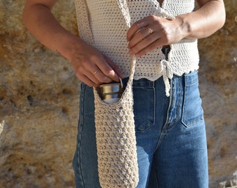 Crochet Drink Bottle Holder Bag Recycled Cotton Rope ‘Cream’