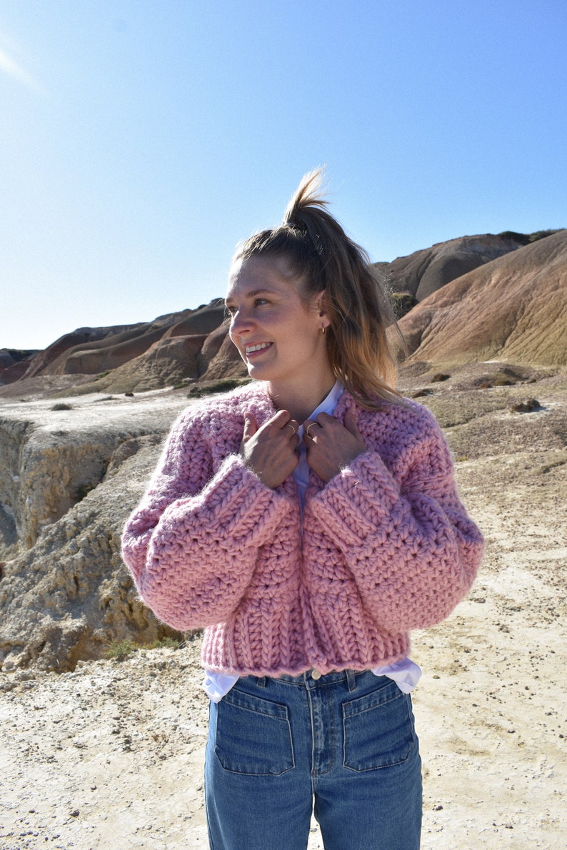 Chunky Crochet Cardigan Pink Fluffy Vegan Wool image 6