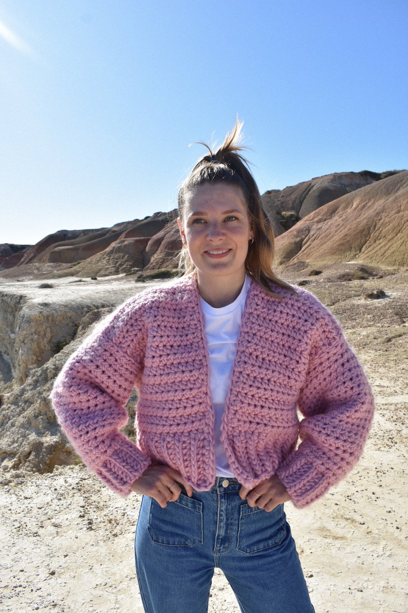 Chunky Crochet Cardigan Pink Fluffy Vegan Wool image 3