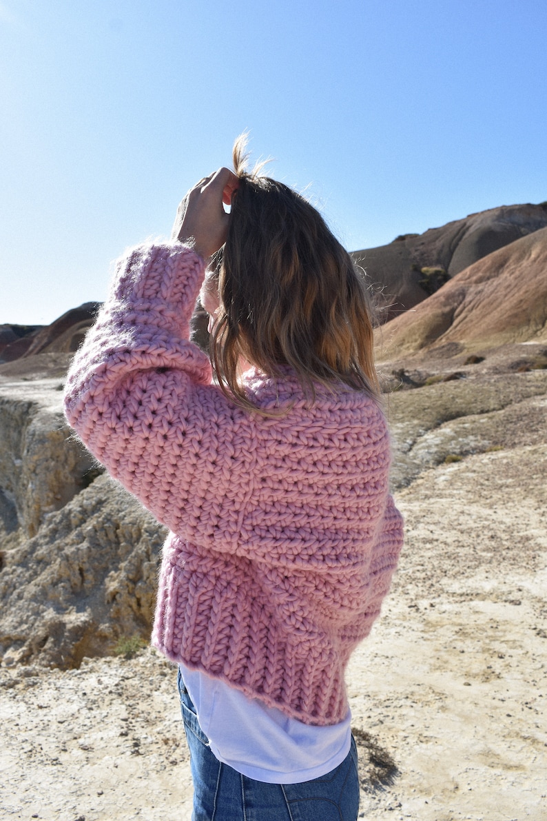 Chunky Crochet Cardigan Pink Fluffy Vegan Wool image 5