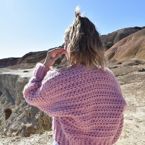 Chunky Crochet Cardigan Pink Fluffy Vegan Wool image 4