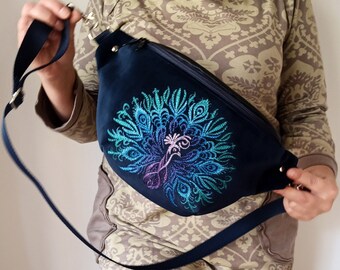 Peacock Embroidered Crossbody bag, Velvet Fanny pack Gift for Women, Vegan Leather Embroidered Belt Bag