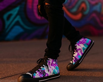 Paint Pour High-Top Sneakers | Vibrant Marbled Canvas Shoes | Turquoise Magenta Street Art Sneakers