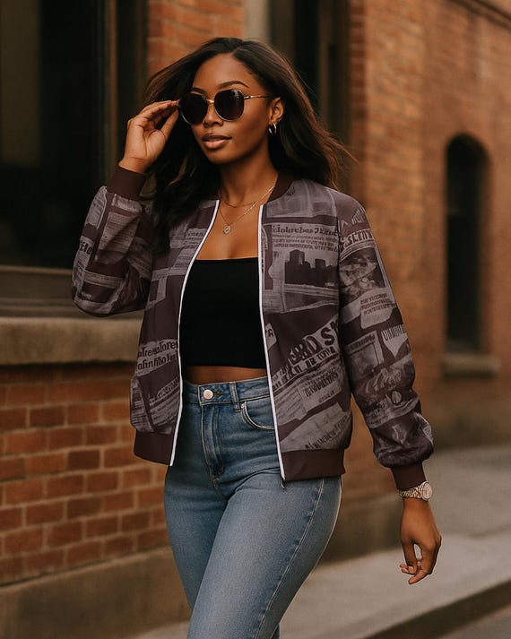 Vintage Newspaper Print Bomber Jacket – Historical Black Heritage Art Zip-Up