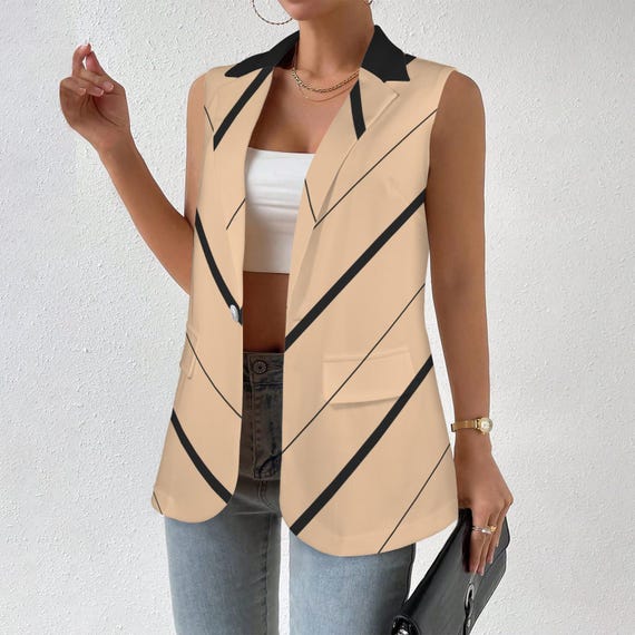 Geometric Lines Sleeveless Blazer – Artistic Taupe Statement Vest for Women