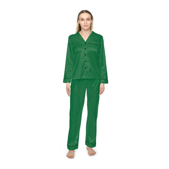 Emerald Personalized Satin Pajamas for Women - Luxurious, Soft, Comfortable Sleepwear, Notch Lapel and Drawstring Waist - Customizable PJs,