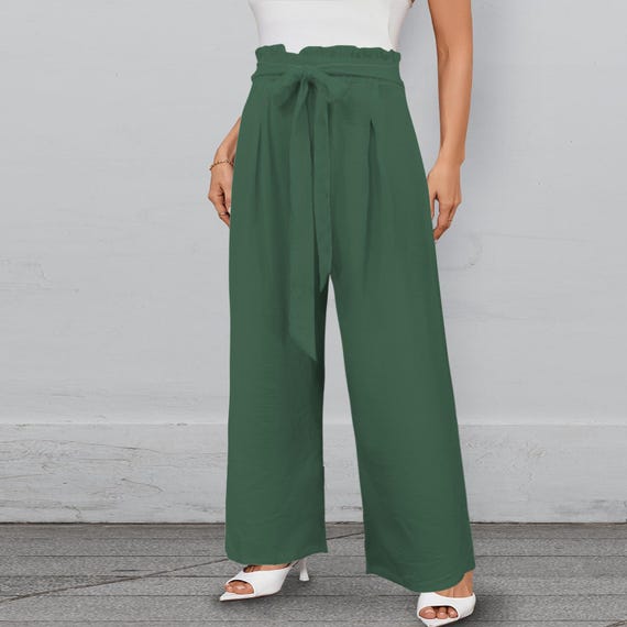 Forest Green Wide Leg Pants – High Waist Strappy Paperbag Trousers with Pockets