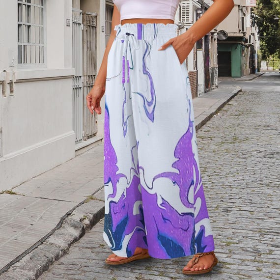 Free Flow Marble Wide Leg Pants – Purple White Abstract Elastic Waist Tether Pockets