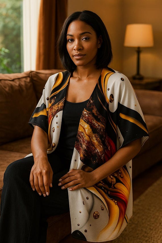 Artist Designed Kimono: Black, Gold, Burgundy Wearable Art Robe