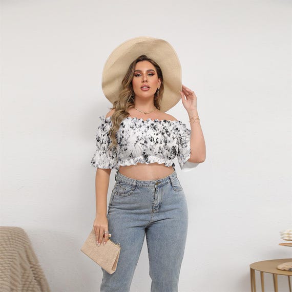 Dalmatian Print Off Shoulder Blouse - Women's Puff Sleeve Crop Top Black White Animal Print - Designer Statement Shirt L-4XL