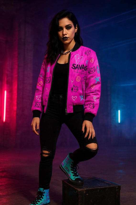 Savage Kitty Graffiti Bomber Jacket | Street Art Fashion Collection
