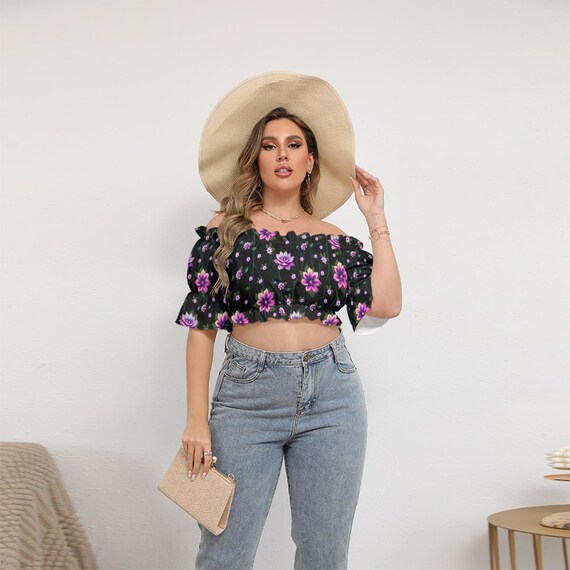 Spring Flowers Off Shoulder Blouse - Women's Puff Sleeve Crop Top Purple Pink Floral Print - Designer Statement Shirt L-4XL