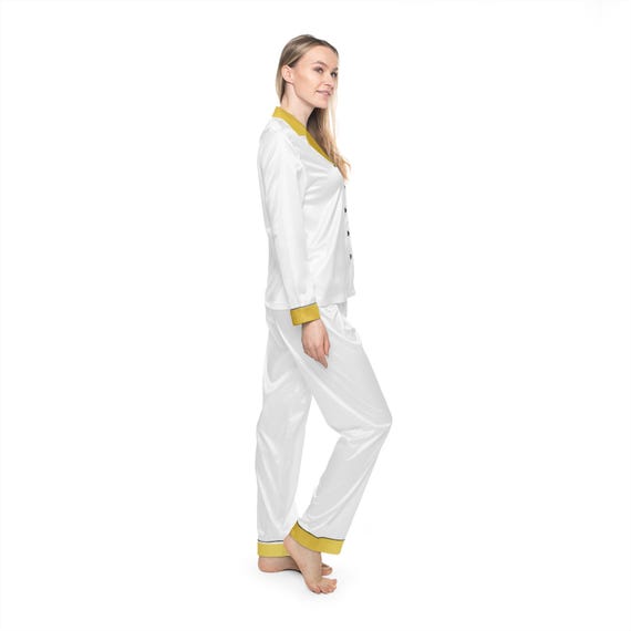 Women's White and Gold Satin Pajamas (AOP) / Dressy PJs / Drawstring Pants Suite Pajamas