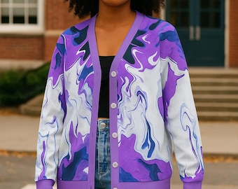 Geribbeld vest Violet Marble Dream – Artistieke knoopsweater met abstracte print