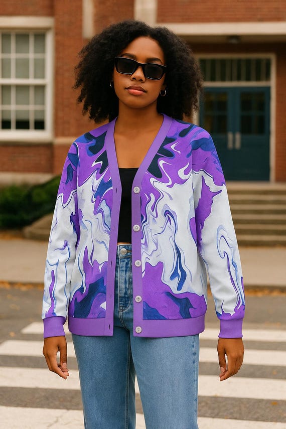 Violet Marble Dream Ribbed Cardigan – Artistic Abstract Print Button-Up Sweater