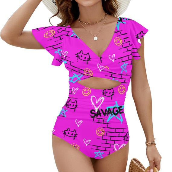 Pink Savage Graffiti Ruffle Sleeve Swimsuit 2025 - Street Art One Piece - Deep V Twist Front - Urban Flutter Sleeves - Edgy Beach Wear