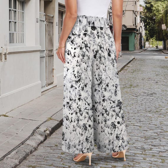 Dalmatian Print Wide Leg Pants – Black White Abstract High Waist Lounge Trousers with Pockets