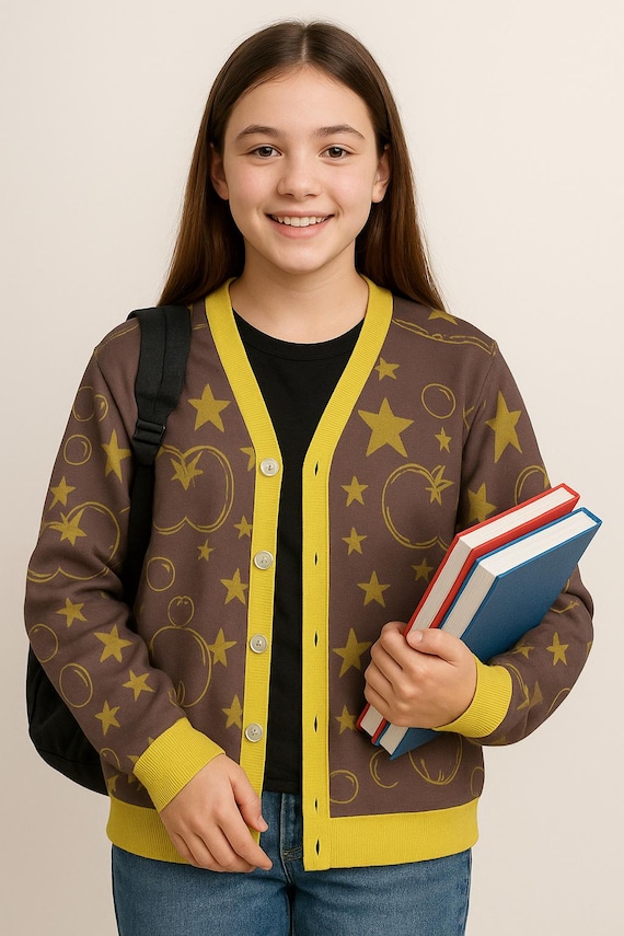 Brown Bubble & Stars Ribbed Cardigan – Yellow Trim Button Up Fall Sweater