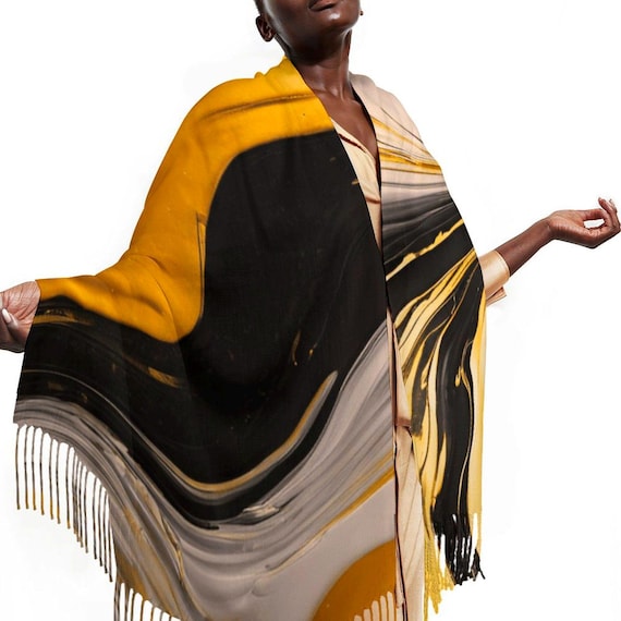 Gold Black Marble Cashmere Scarf | Wearable Art Accessory | Bali Paint Pour Accessory | Artist Designed Fashion