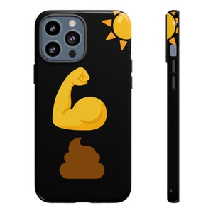 以下が含まれることがあります： 黄色い太陽、黄色い腕立て伏せをしている二の腕、茶色のうんちが描かれた黒い携帯電話ケース。