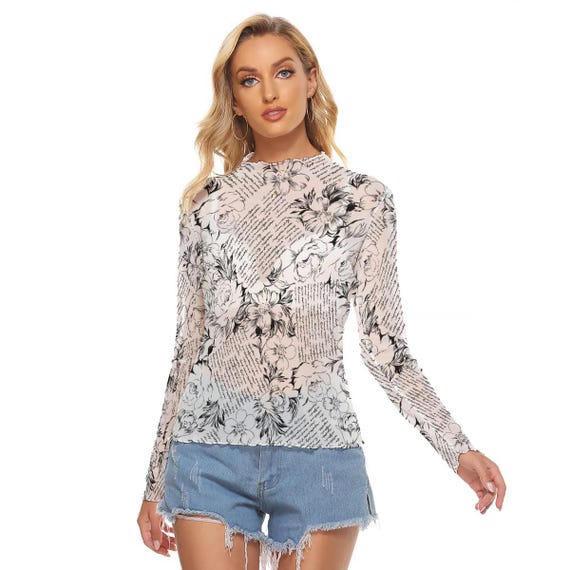 Love Letter Print Mesh Blouse Long Sleeve See-through Top