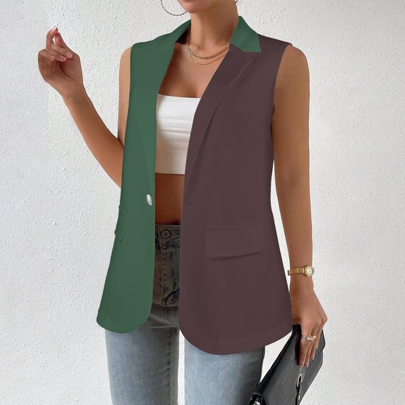 Green Plum Colorblock Sleeveless Blazer | Women's Fall Vest | Professional Casual Wear | Office Blazer | Life is Art