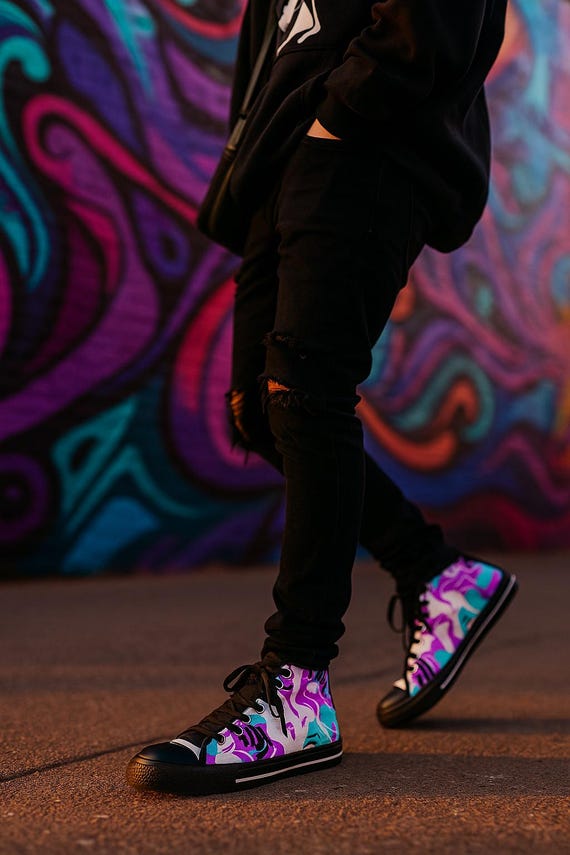 Paint Pour High-Top Sneakers | Vibrant Marbled Canvas Shoes | Turquoise Magenta Street Art Sneakers
