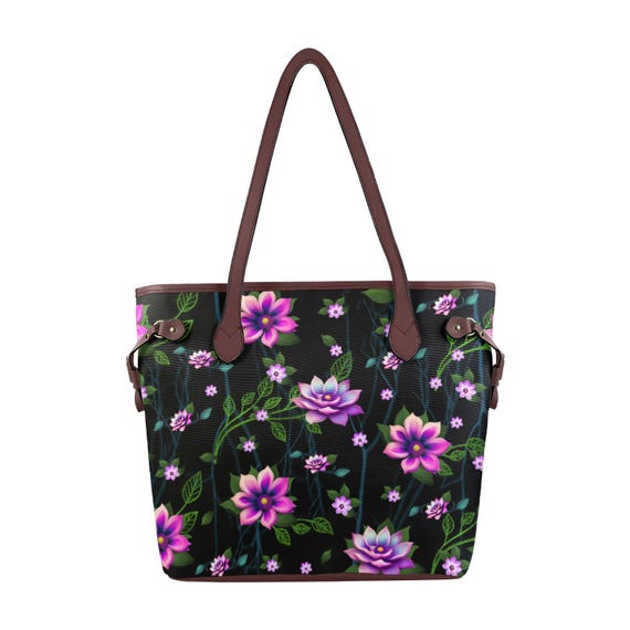 Spring Flowers Clover Canvas Tote | Artist Designed Waterproof Bag | Large Designer Tote | Peach or Brown Straps