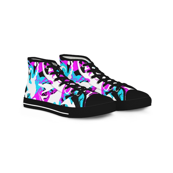 Graphic Print Men's High Top Sneakers, Breathable Canvas, Memory Foam Insoles, Black or White, Lace-up Closure, Unique Shoes