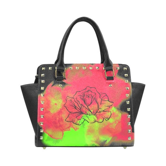 Rose Bloom Black Rivet Shoulder Bag | Artist Designed Paint Pour Handbag | PU Leather Fashion Purse