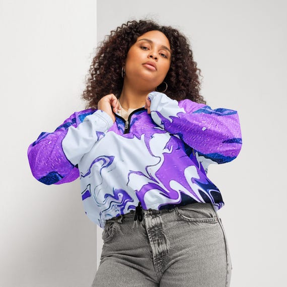 Life is Art Free Flow Women's Cropped Windbreaker | Purple Abstract Paint Pour Jacket