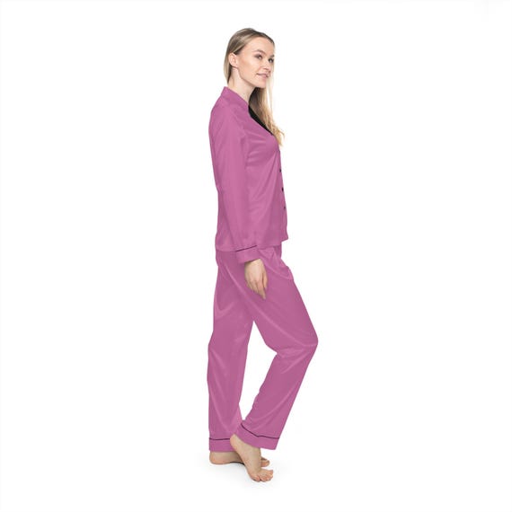 Satin Pajama Set, Bunny Pink Personalized Women's Sleepwear, Custom Notch Lapel PJs