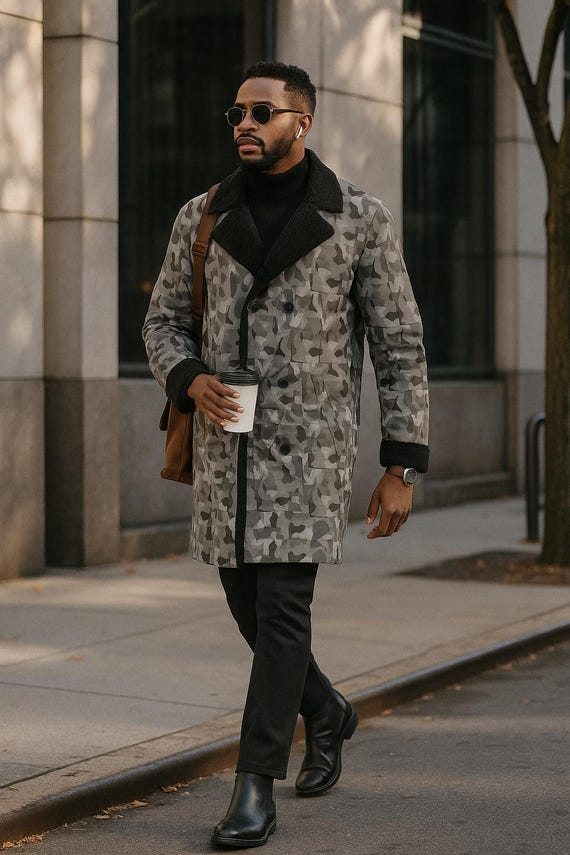Men's Gray Camo Winter Overcoat - Double Breasted Sherpa Collar Jacket