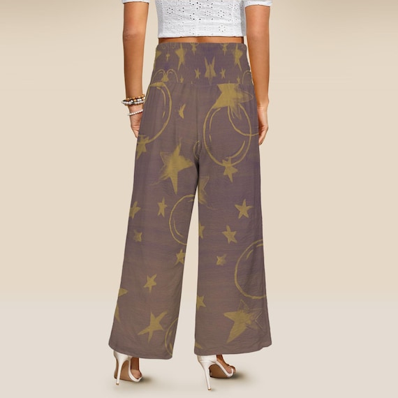 Brown Bubble Stars Wide Leg Pants – High Waist Smocked Lounge Trousers with Pockets