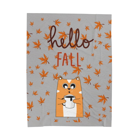 Hello Fall Kitty Velveteen Plush Blanket / Cat Graphic Plush Blanket / Autumn Decor Throw