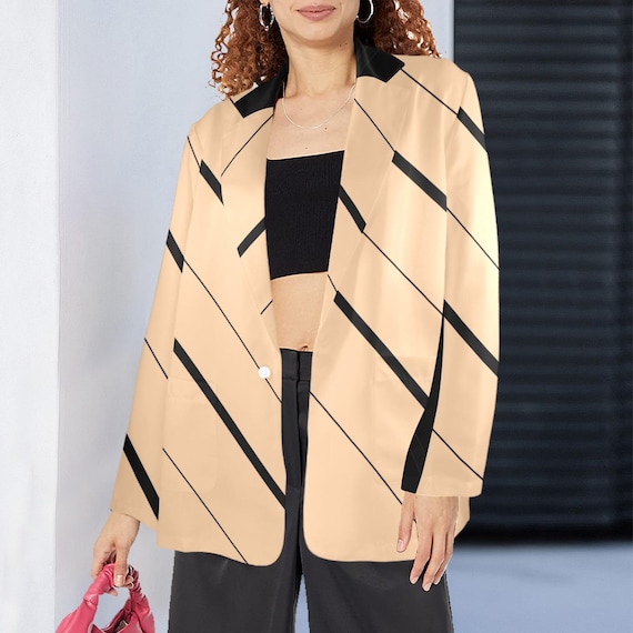 Geometric Lines Blazer – Artistic Taupe & Black Statement Jacket for Women