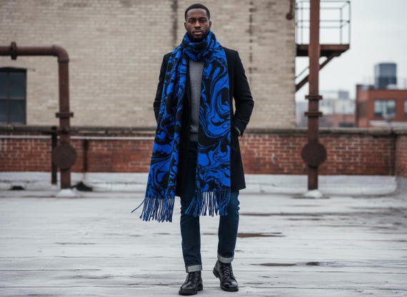 Large Designer Scarf | Blue & Black Cashmere style Scarf | Wearable Art Accessory | Artist Designed Fashion