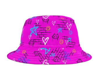 Savage Kitty Graffiti Bucket Hat | Unisex Festival Streetwear | Artist-Designed Summer Hat | Trendy Urban Headwear