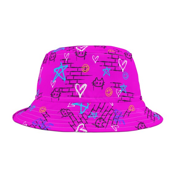 Savage Kitty Graffiti Bucket Hat | Unisex Festival Streetwear | Artist-Designed Summer Hat | Trendy Urban Headwear