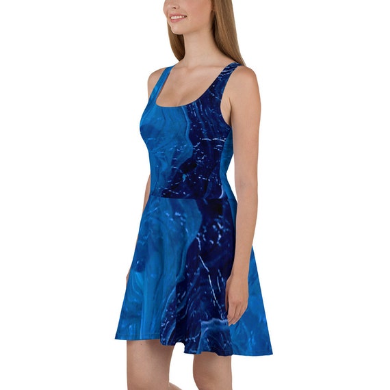 Skater Dress Blue Abstract - Designer Print / Original Paint pour Art - Life is Art Blue Tide Collection