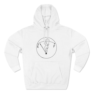 May include: White hooded sweatshirt featuring a black and white graphic of a fuel gauge with a woman's silhouette in place of the needle. The gauge reads 'E' for empty and 'F' for full.