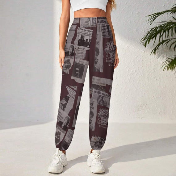 Vintage Newspaper Print Yoga Joggers | Retro High Waist Sweatpants