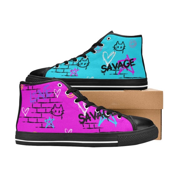 Savage Kitty Split Art High Tops / Mismatched Savage Art High Tops / Dual Color Pink and Blue Graffiti graphic high top sneaker