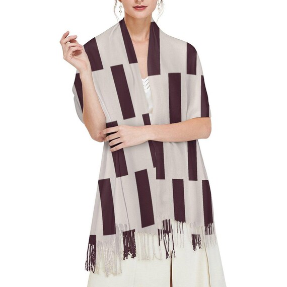 Modern Geometric Check Tassel Scarf – Wine & Beige Rectangle Pattern Luxury Wrap