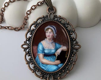 Jane Austen Necklace – Literary Portrait Art Pendant, Classic Literature Jewelry, Author Necklace, Book Lover Gift